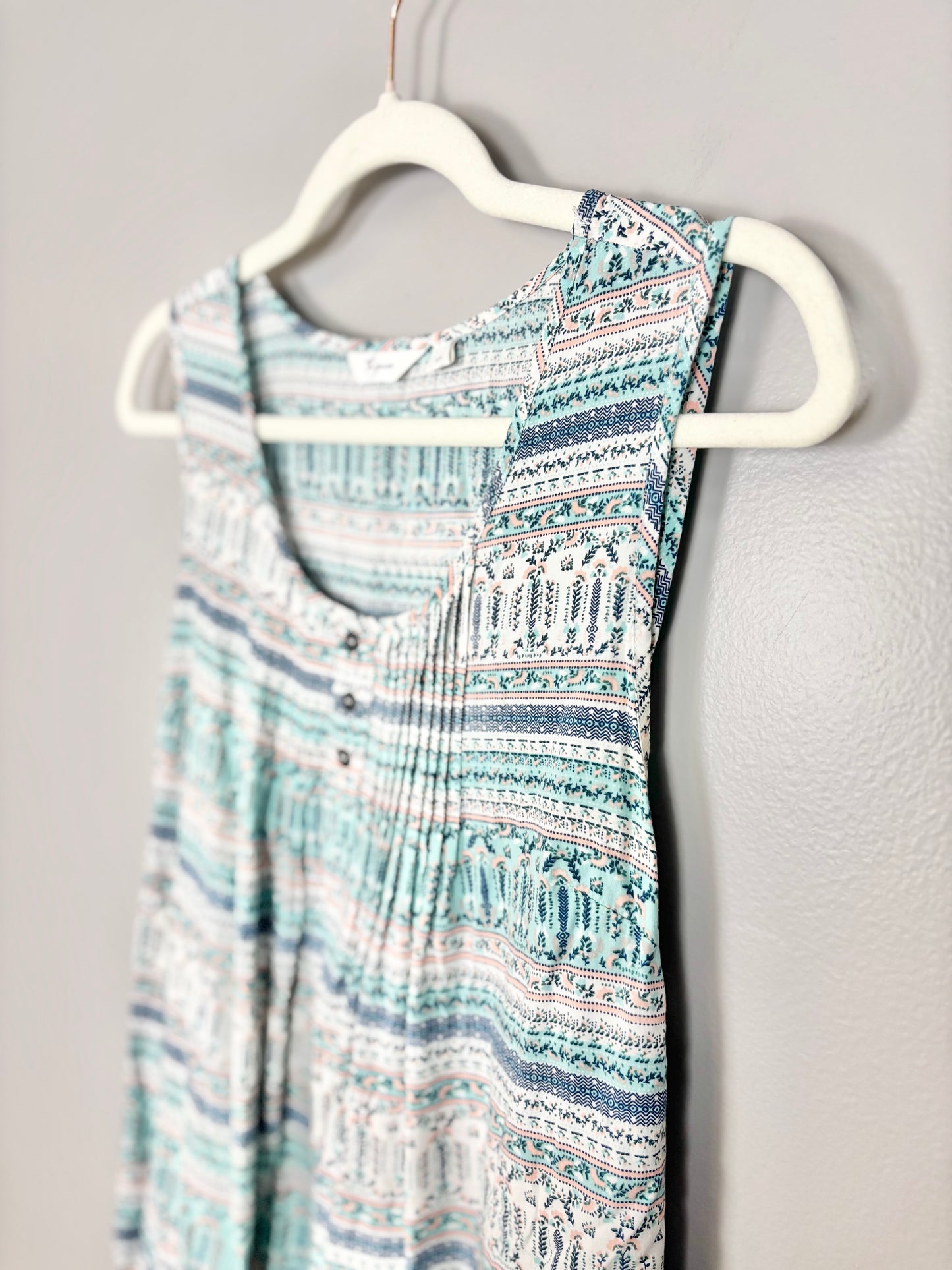 S - Thyme Teal & Pink Patterned Sleeveless Blouse