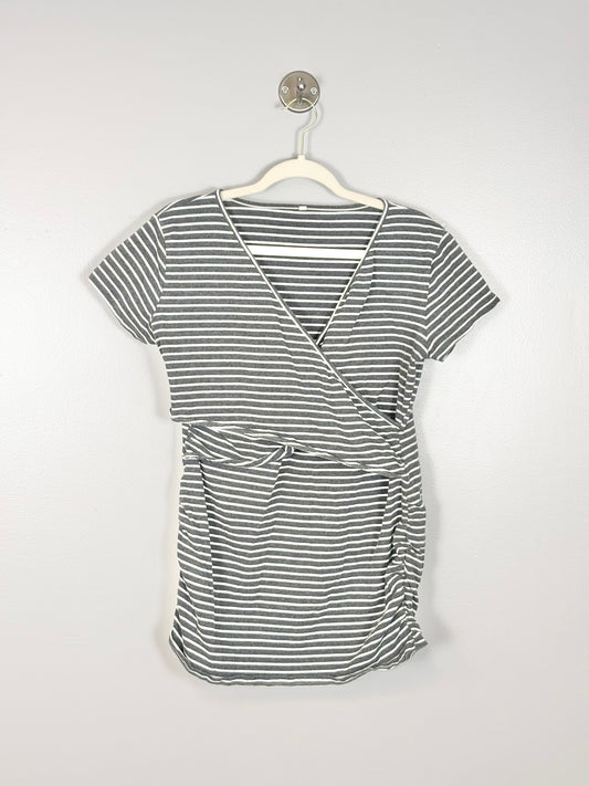 XL - Grey & White Striped Crossover Top