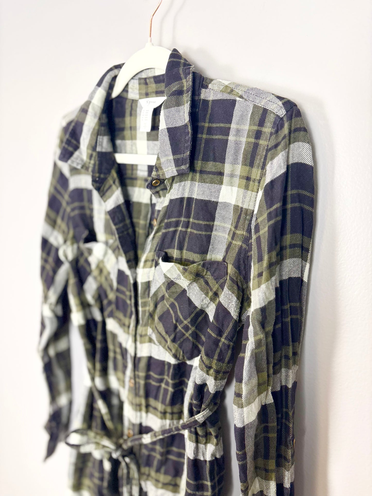 M - Thyme Olive Green & Black Plaid Blouse