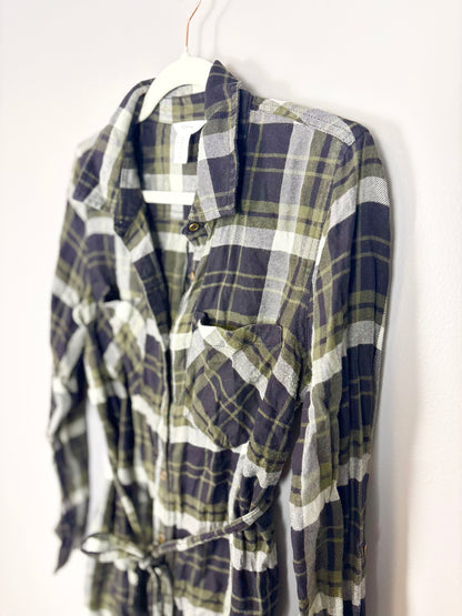 M - Thyme Olive Green & Black Plaid Blouse
