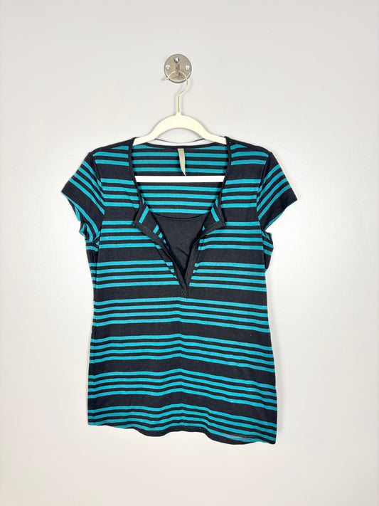 M - Thyme Teal & Black Striped Nursing Shirt