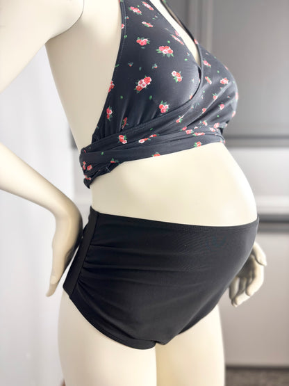 L - Black Rose Halter Top & High-Waist Bikini Set