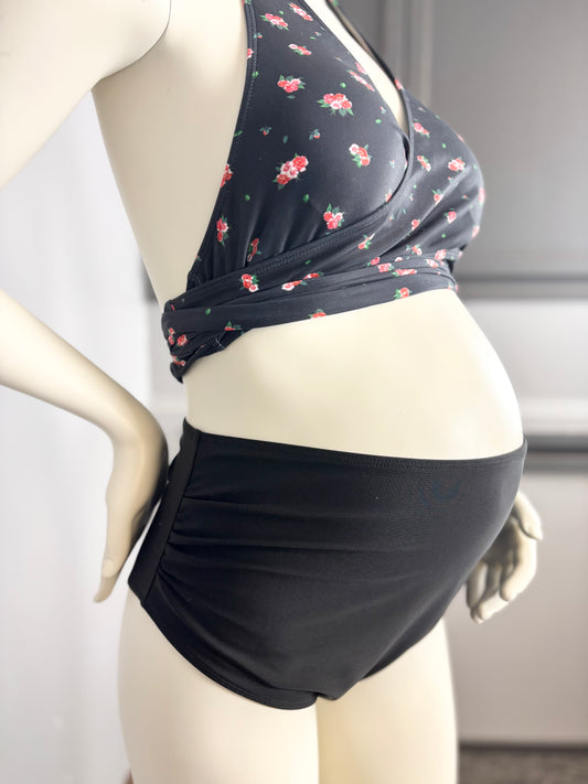 L - Black Rose Halter Top & High-Waist Bikini Set