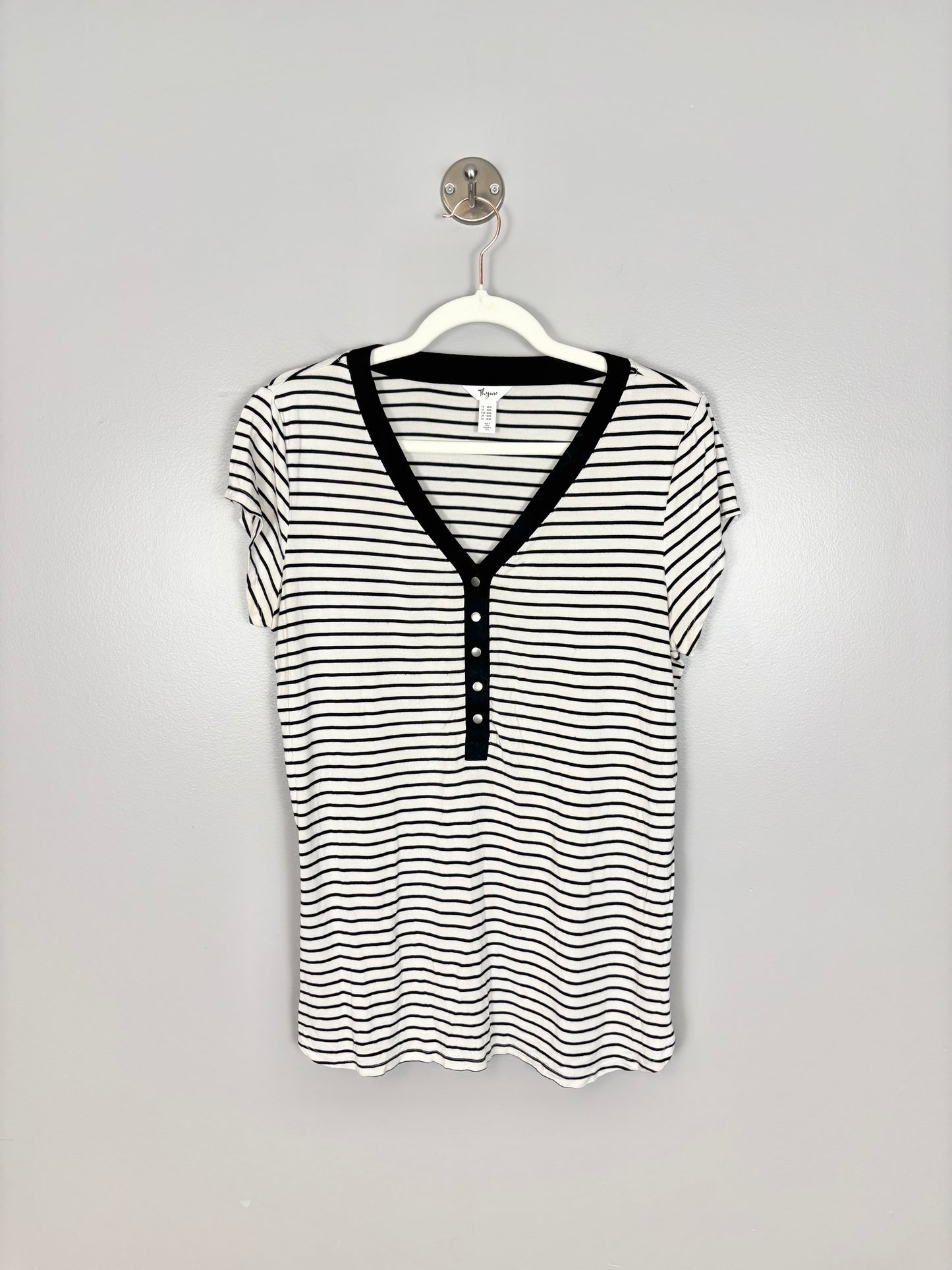 M - Thyme Snap Front Black & White Striped Nursing Shirt