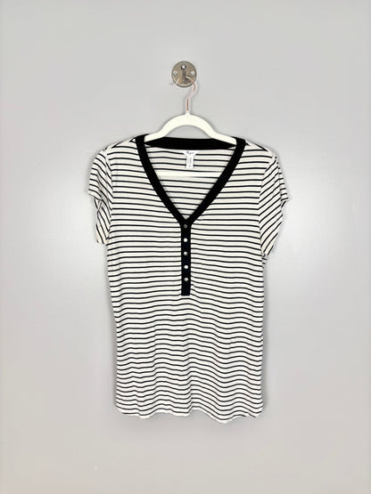 M - Thyme Snap Front Black & White Striped Nursing Shirt