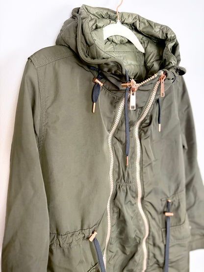 S - Thyme Dark Olive & Rose Gold Maternity Coat