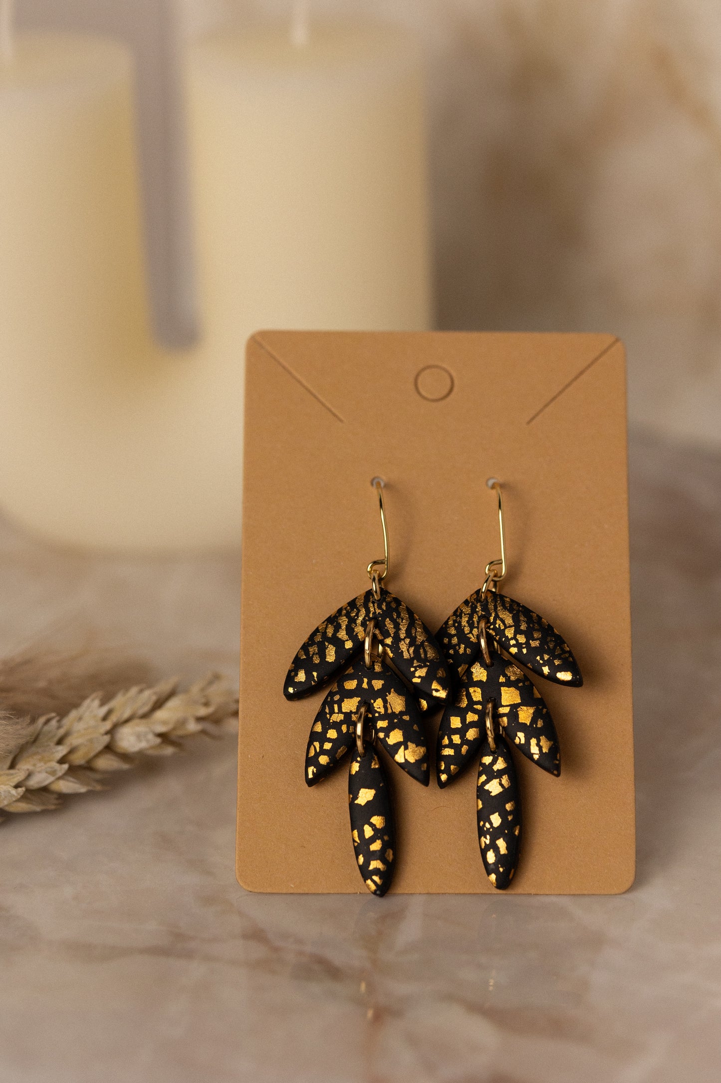 Prairie Rose Clay - Black & Gold Tiered Dangle Earrings