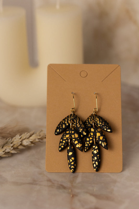 Prairie Rose Clay - Black & Gold Tiered Dangle Earrings