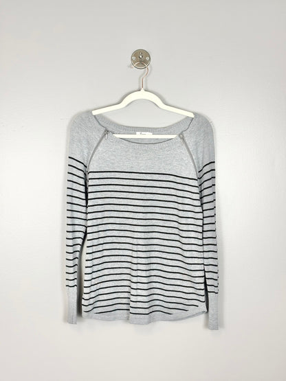 S - Thyme Grey & Black Striped Zippered Nursing Sweater