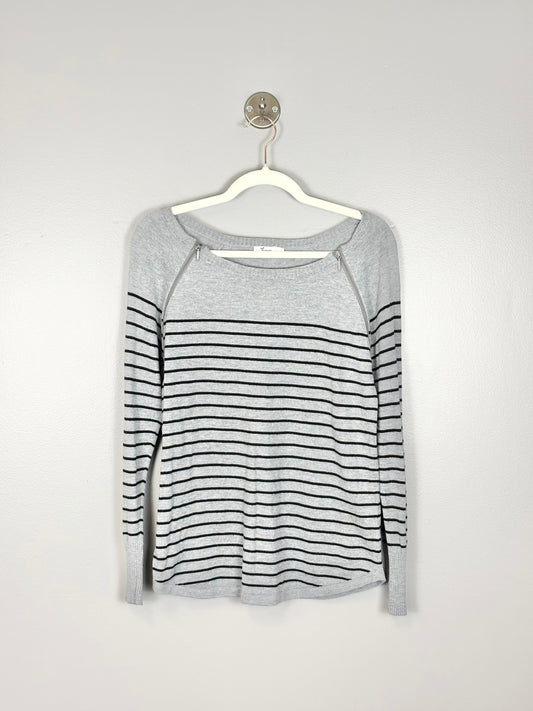 S - Thyme Grey & Black Striped Zippered Nursing Sweater