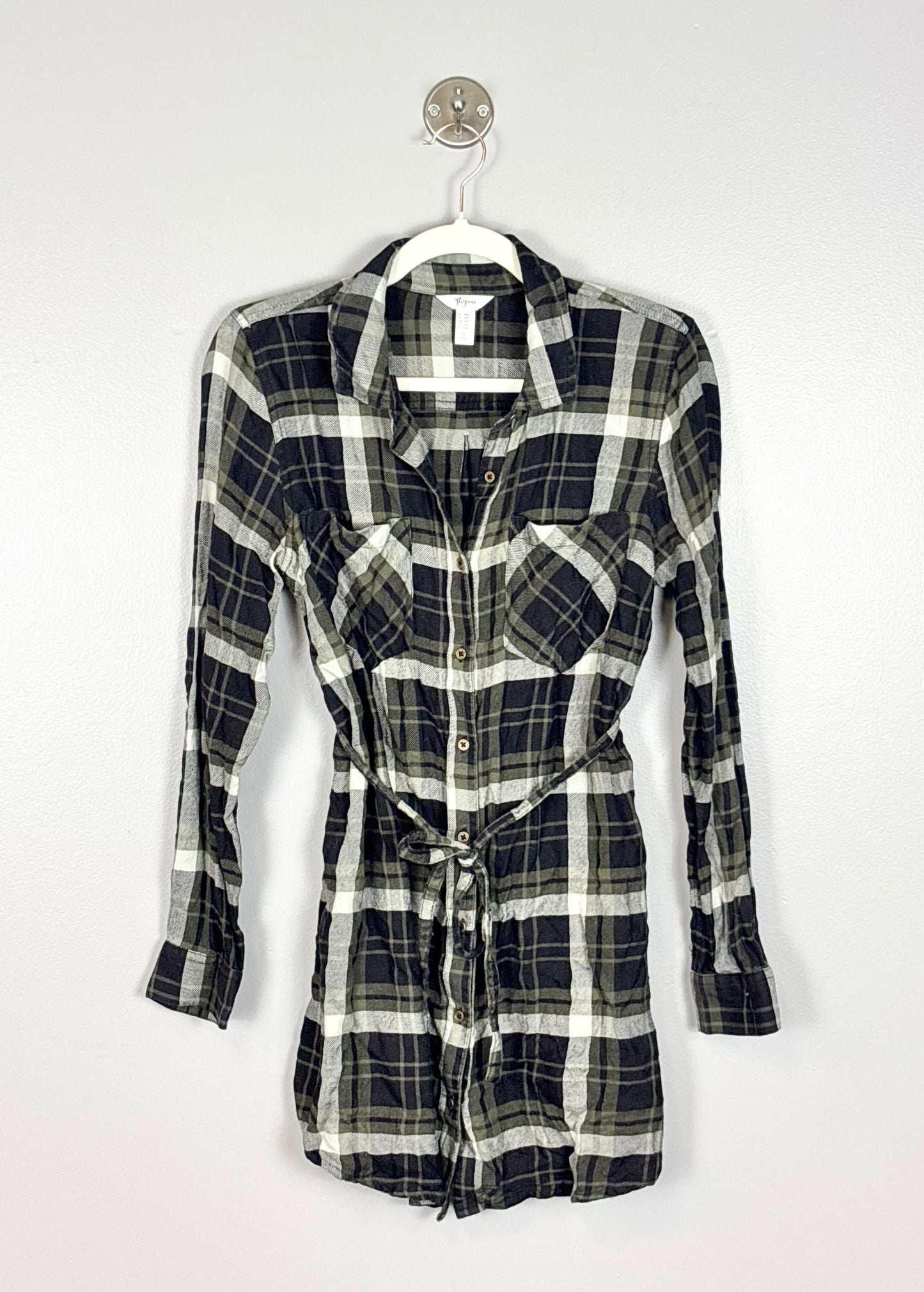 M - Thyme Olive Green & Black Plaid Blouse