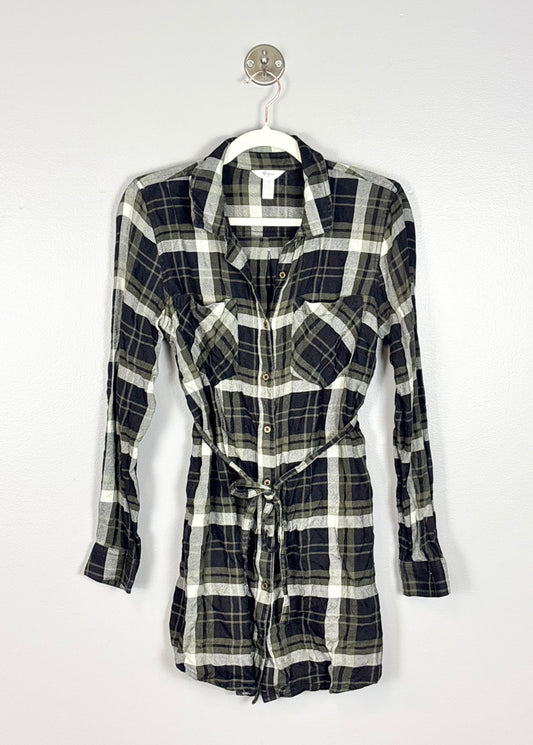 M - Thyme Olive Green & Black Plaid Blouse