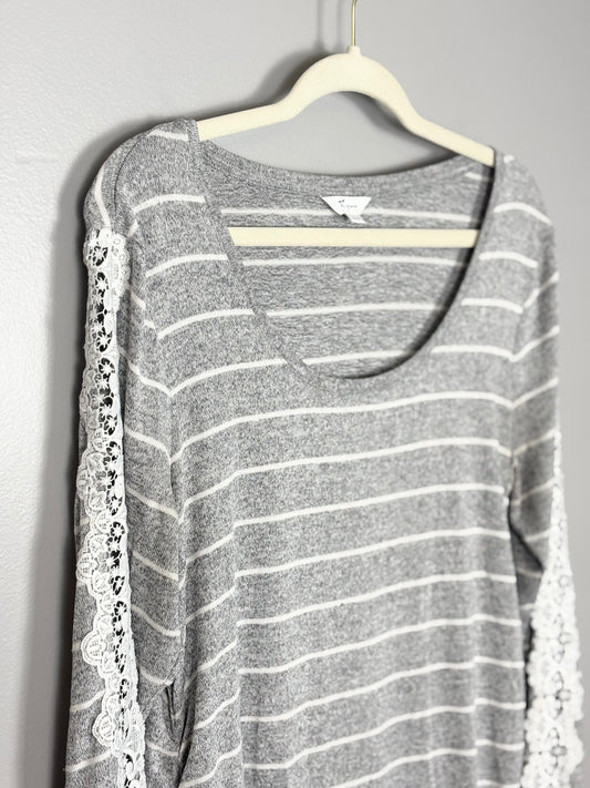 XL - Stork & Babe Grey/White Stripe Lace- Detail Light Sweater