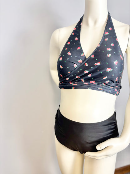 L - Black Rose Halter Top & High-Waist Bikini Set