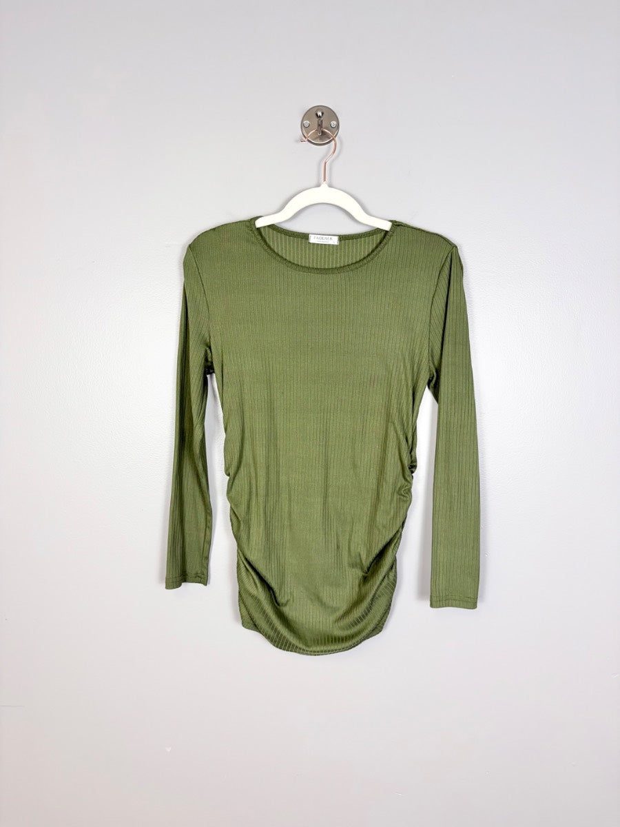 L - Ekoauer Olive Ruched Side Long Sleeve Top