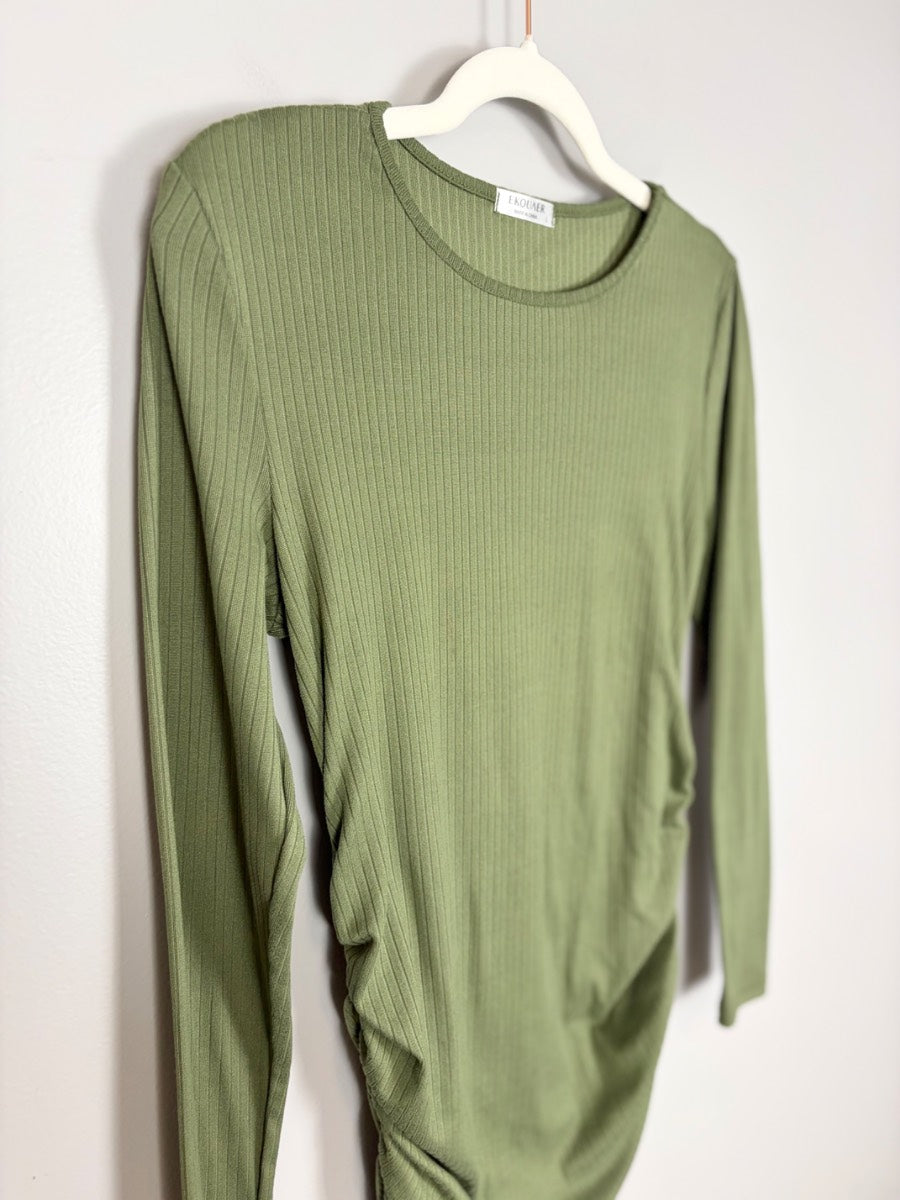 L - Ekoauer Olive Ruched Side Long Sleeve Top