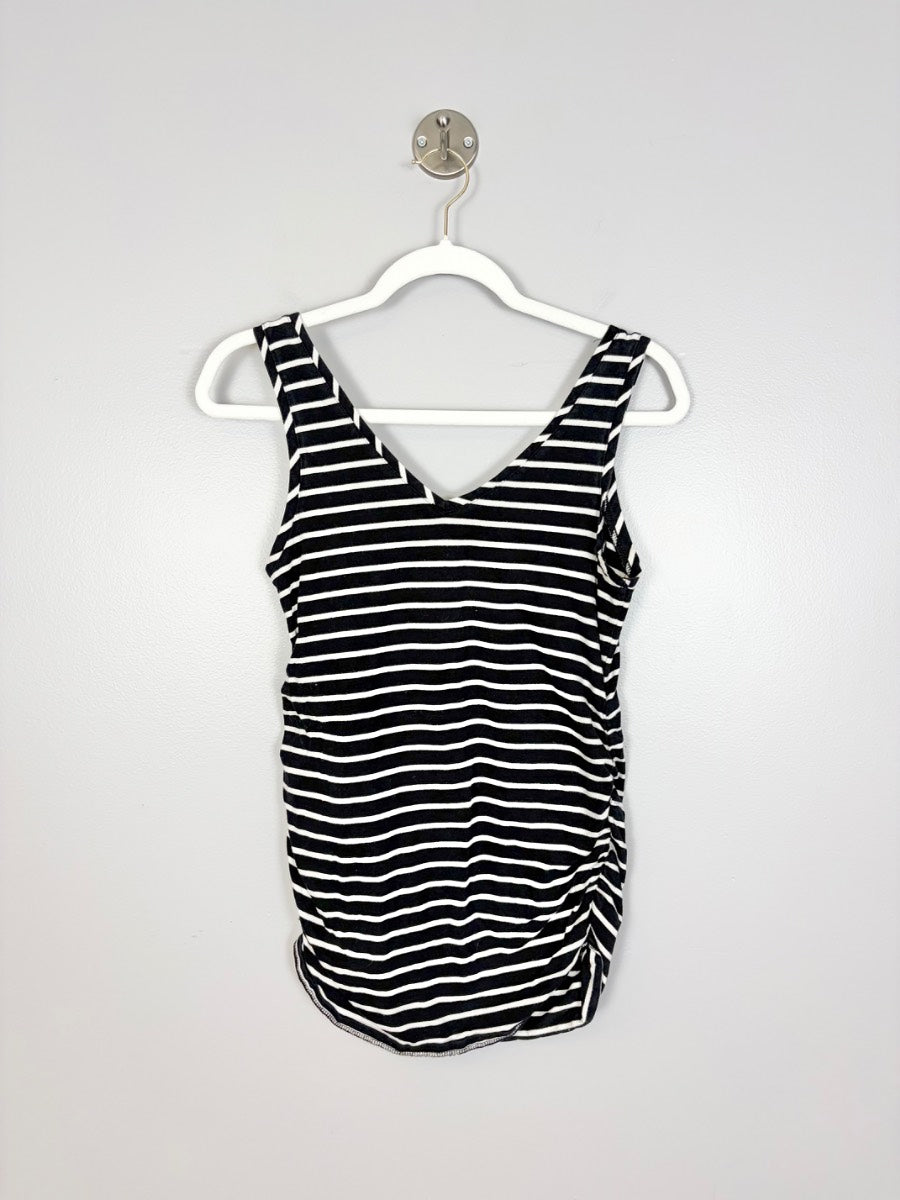 S - Thyme Black Striped Ruched Side Tank Dress