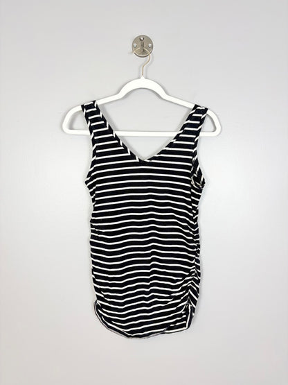 S - Thyme Black Striped Ruched Side Tank Dress