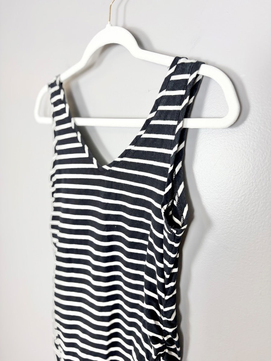 S - Thyme Black Striped Ruched Side Tank Dress