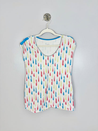 S - Thyme Ivory Feather Print Short Sleeve Shirt