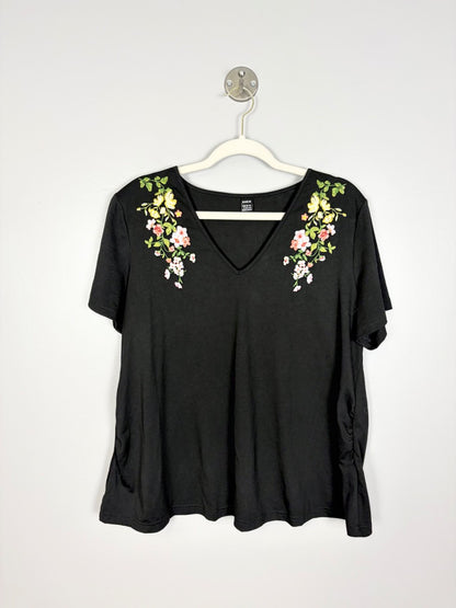 L - Shein Black Embroidered Floral V-neck Top