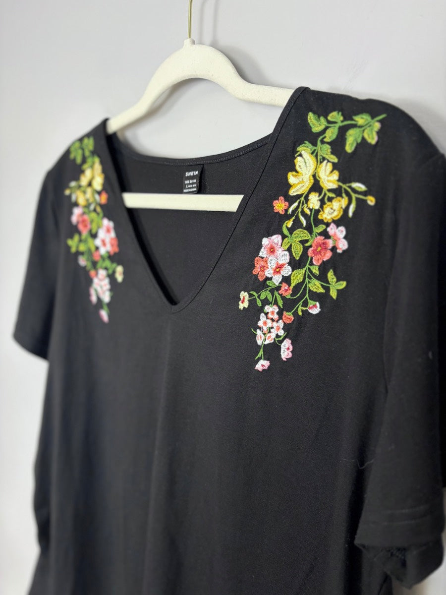 L - Shein Black Embroidered Floral V-neck Top