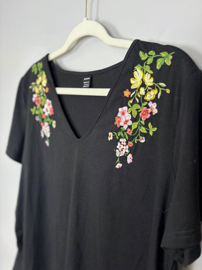 L - Shein Black Embroidered Floral V-neck Top