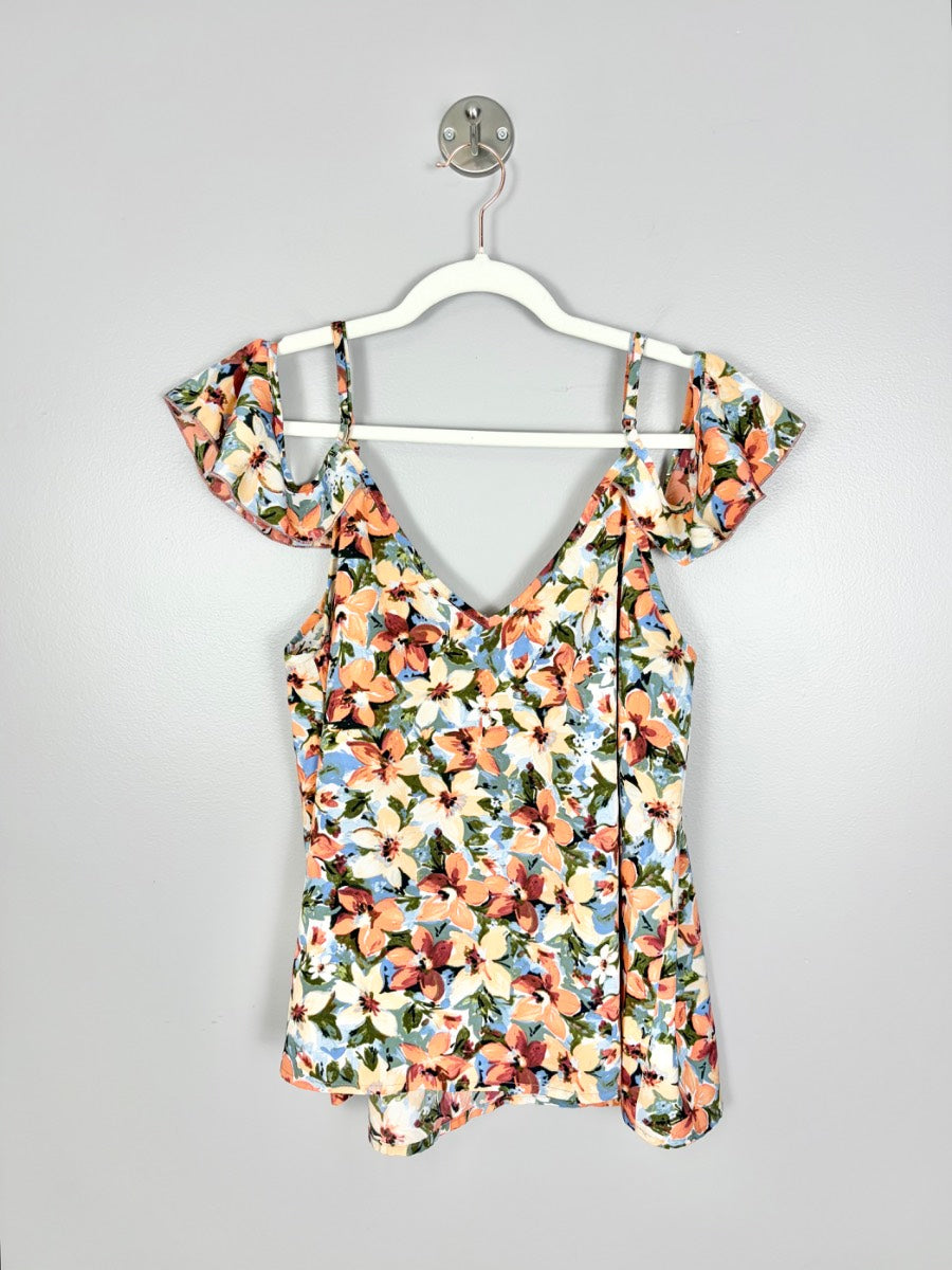 L - Shein Coral Floral Ruffle Off-Shoulder Blouse
