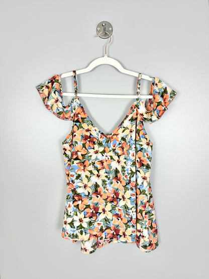 L - Shein Coral Floral Ruffle Off-Shoulder Blouse