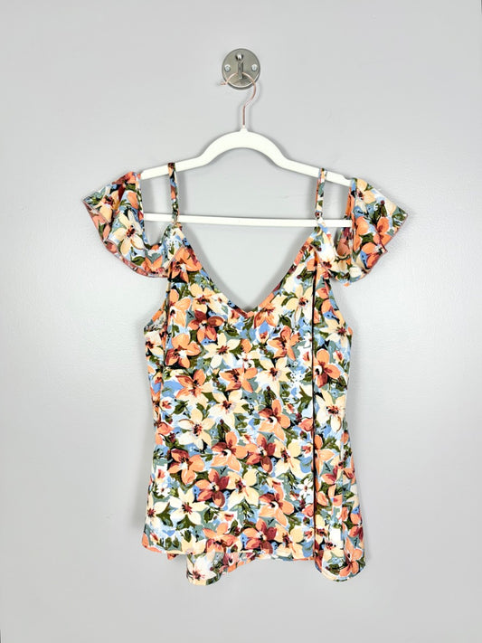 L - Shein Coral Floral Ruffle Off-Shoulder Blouse