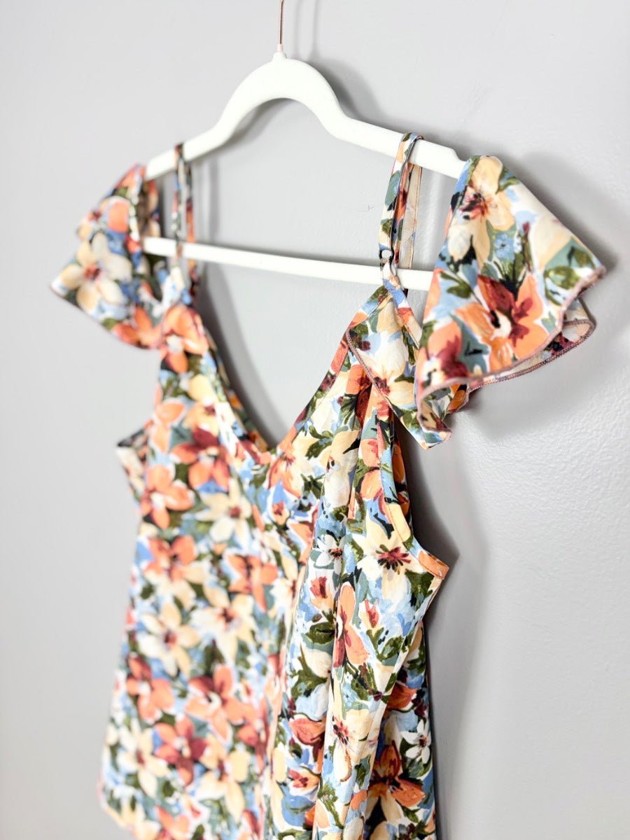 L - Shein Coral Floral Ruffle Off-Shoulder Blouse
