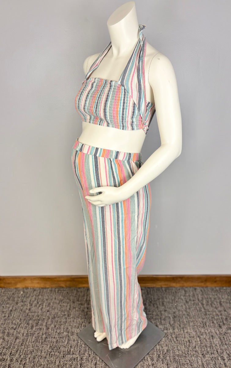 L - Shein Coral Two-Piece Stripe Halter Top And Pant Set