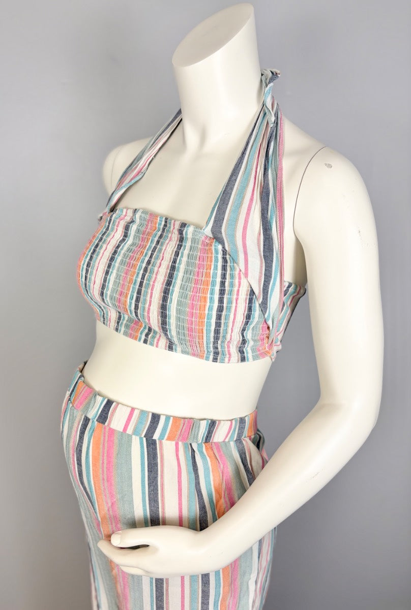 L - Shein Coral Two-Piece Stripe Halter Top And Pant Set