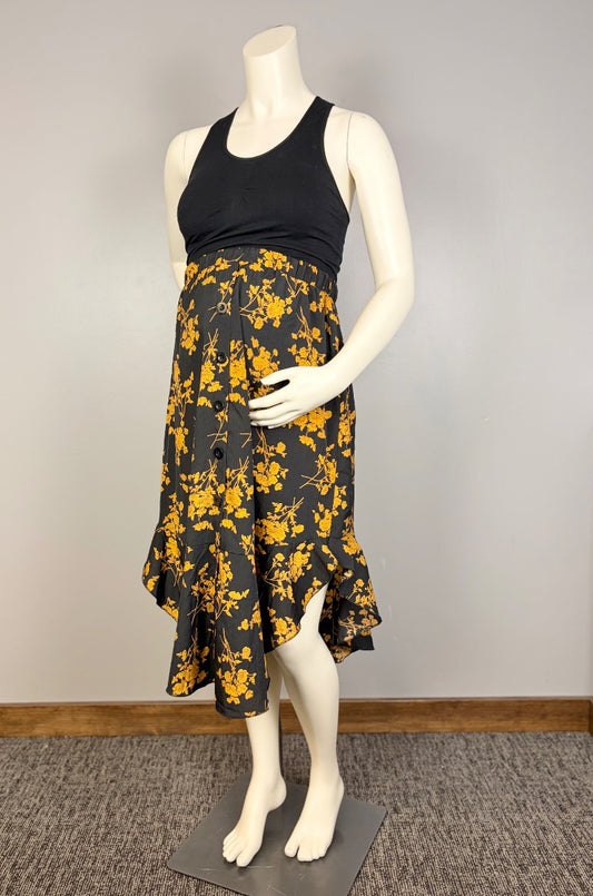 M - Shein Black & Gold Floral Asymmetrical Hem Skirt