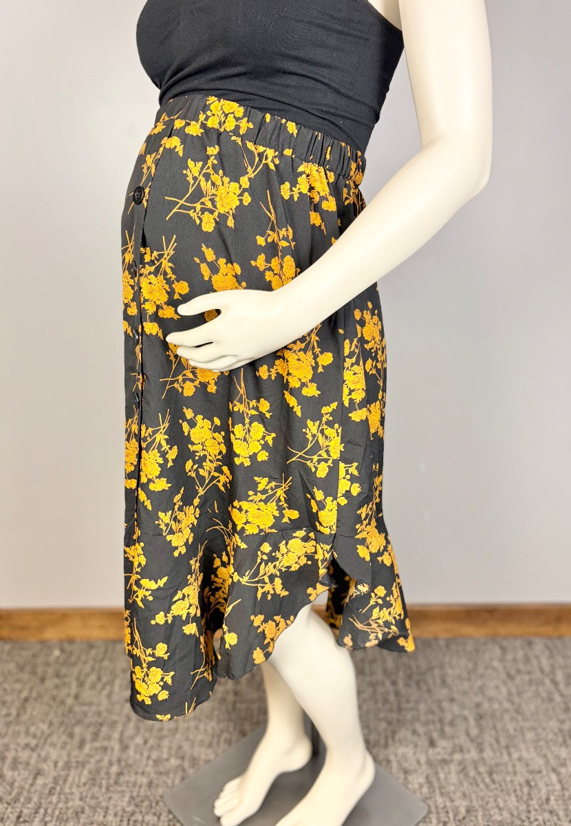 M - Shein Black & Gold Floral Asymmetrical Hem Skirt