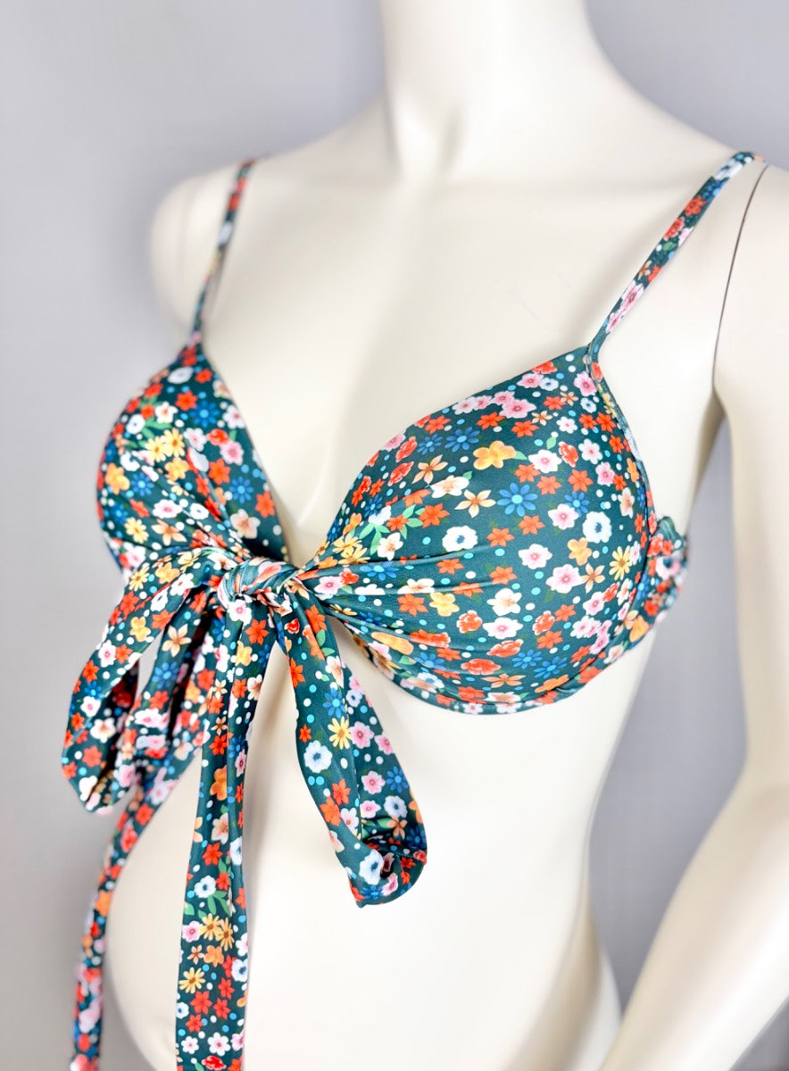 L - Teal Floral Tie-Front Bikini Top