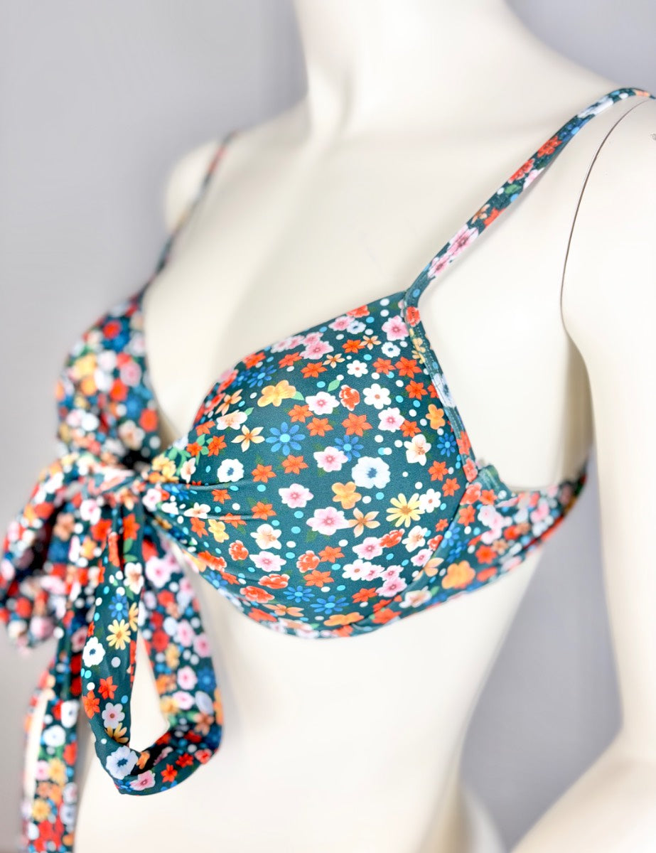 L - Teal Floral Tie-Front Bikini Top