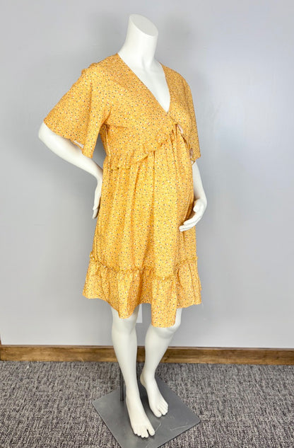L - Shein Mustard Floral Wrap Front Dress