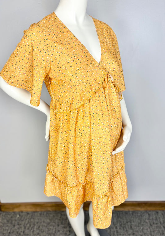 L - Shein Mustard Floral Wrap Front Dress