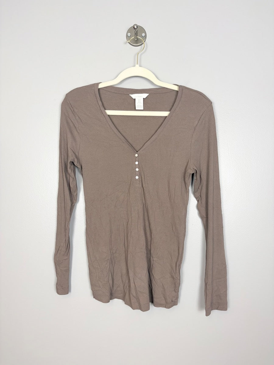 M - H & M Mocha Henley Long Sleeve Top