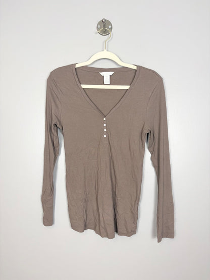 M - H & M Mocha Henley Long Sleeve Top