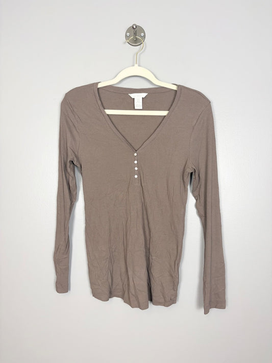 M - H & M Mocha Henley Long Sleeve Top