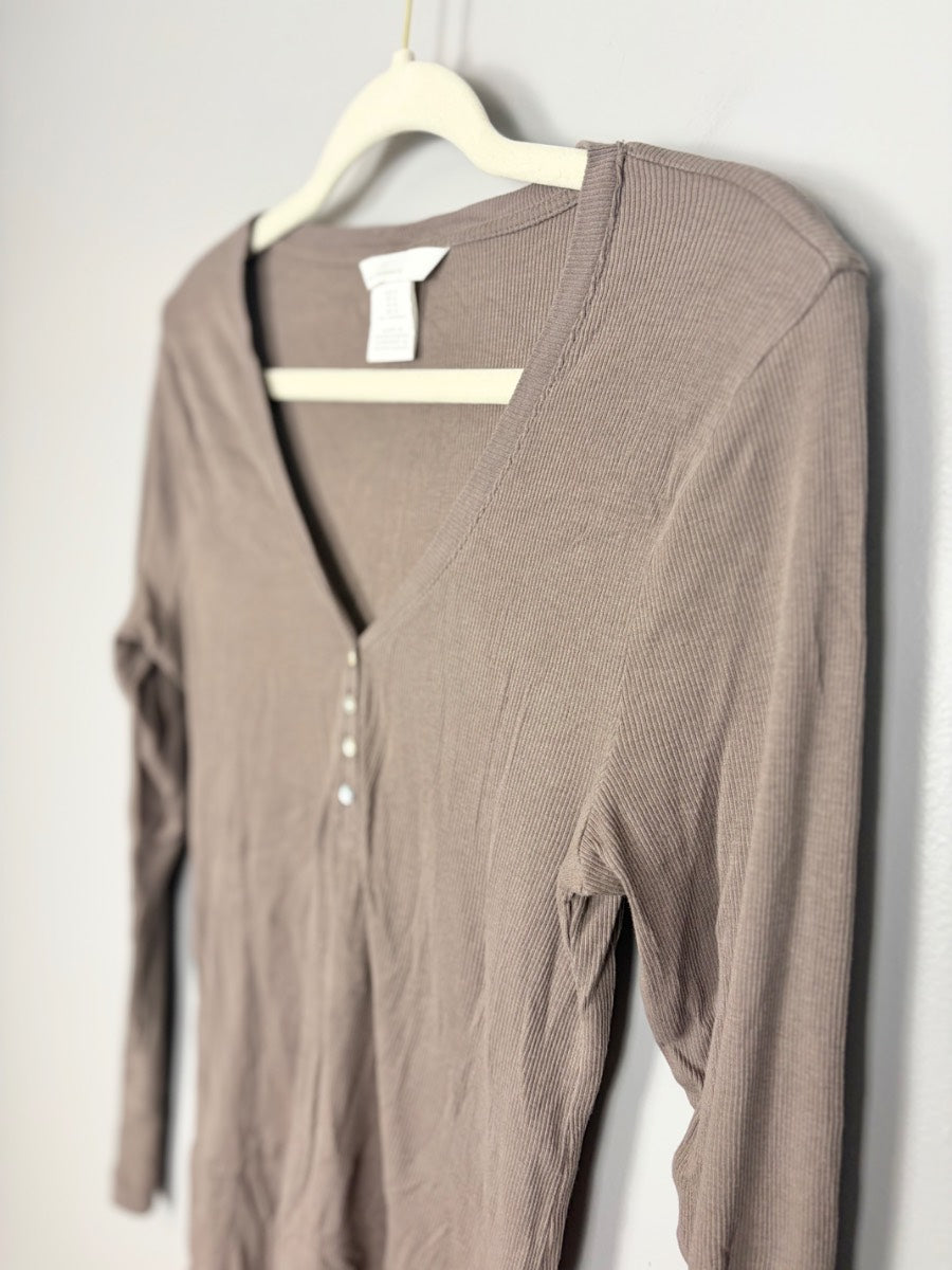 M - H & M Mocha Henley Long Sleeve Top
