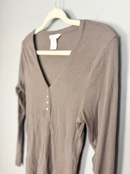 M - H & M Mocha Henley Long Sleeve Top