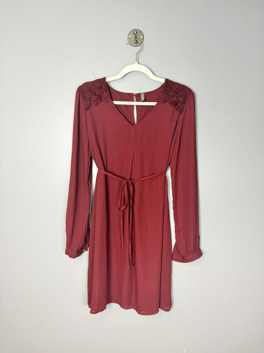 M - Thyme Deep Wine Lace Detail Dress