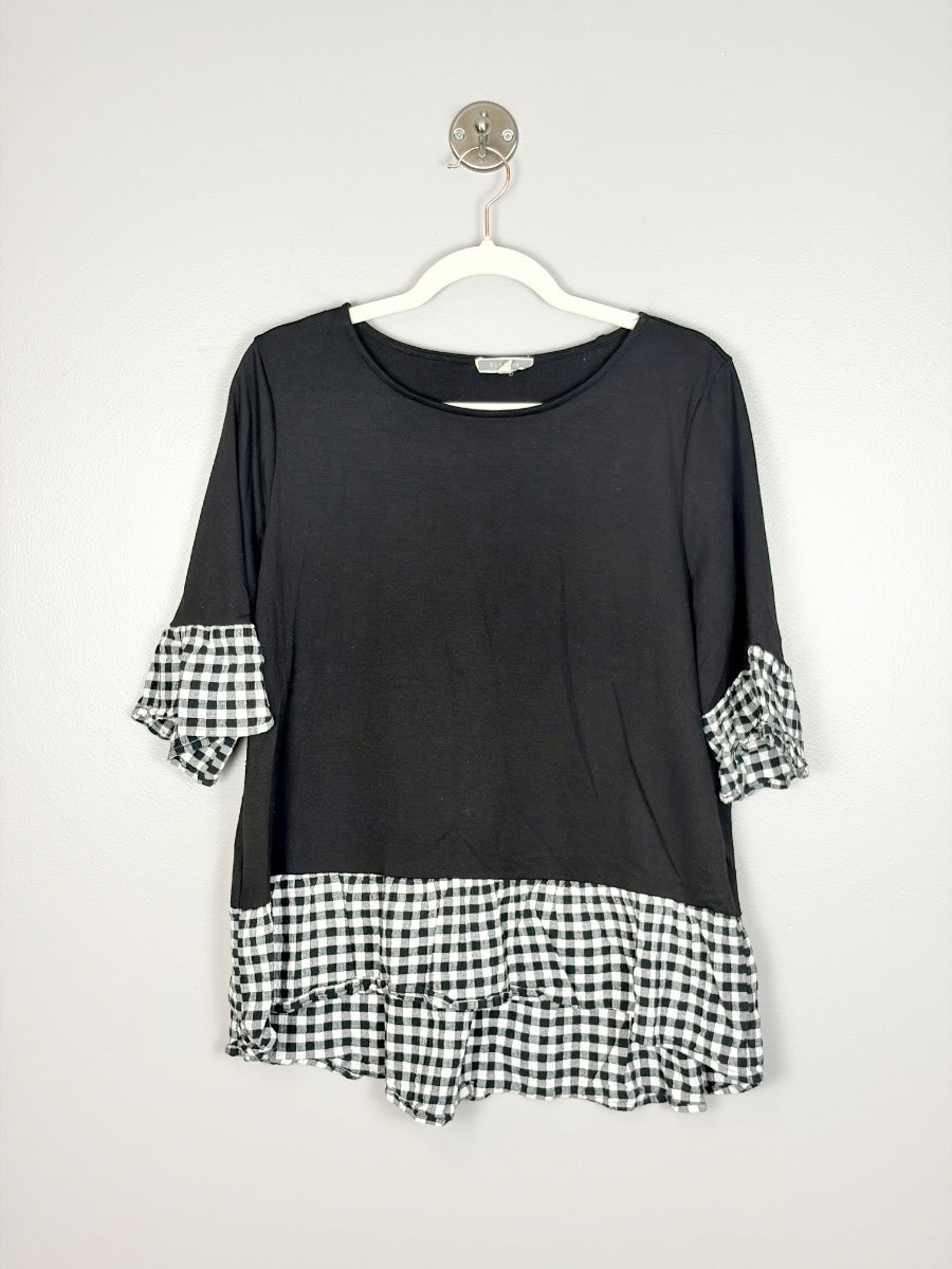 L - Black Gingham Ruffle Top