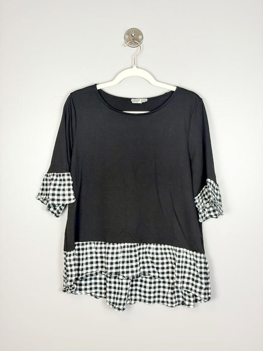 L - Black Gingham Ruffle Top