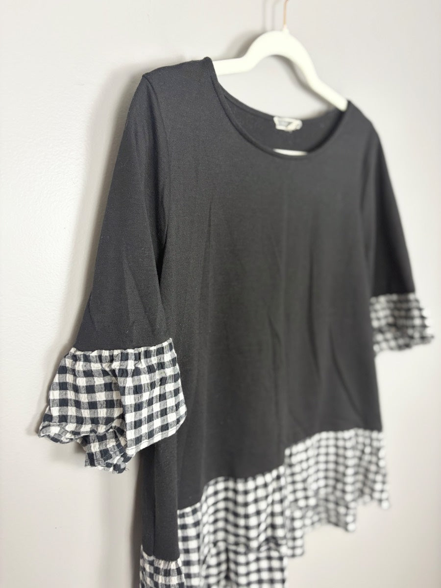 L - Black Gingham Ruffle Top