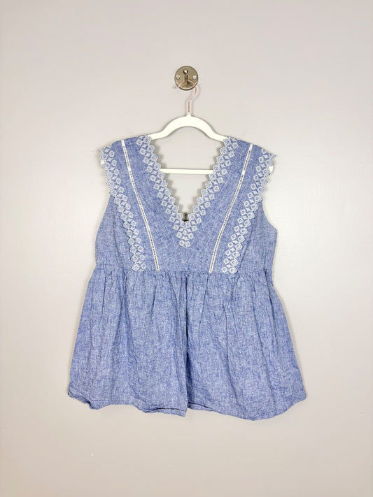 L - Ingrid & Isabel Chambray Lace Trim Top