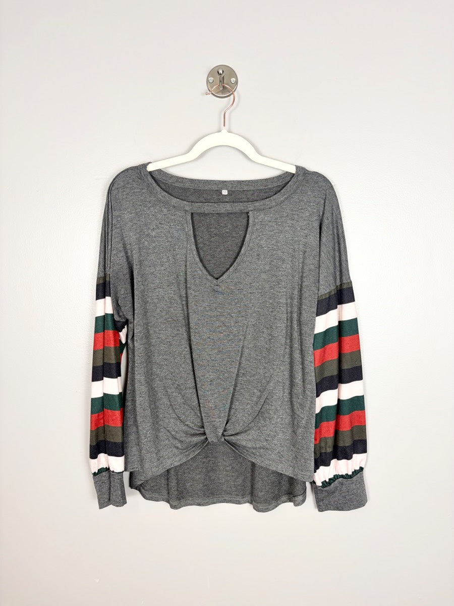 XL - Dark Grey Twist-Front Colour-band Top